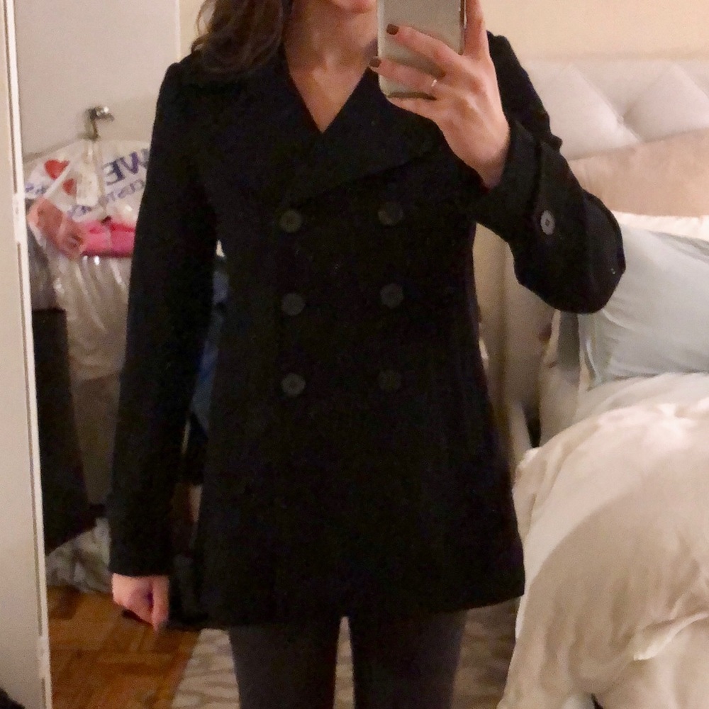 Theory Black Wool/Cashmere Pea Coat, Small
